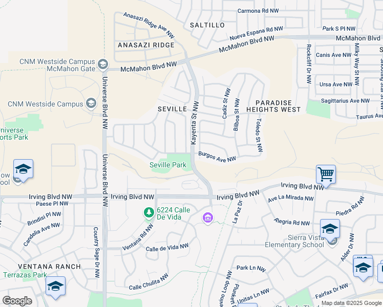 map of restaurants, bars, coffee shops, grocery stores, and more near Kayenta St NW & Burgos Ave NW in Albuquerque