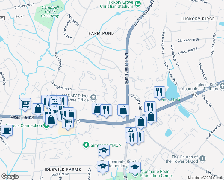 map of restaurants, bars, coffee shops, grocery stores, and more near 6911 Winding Cedar Trail in Charlotte