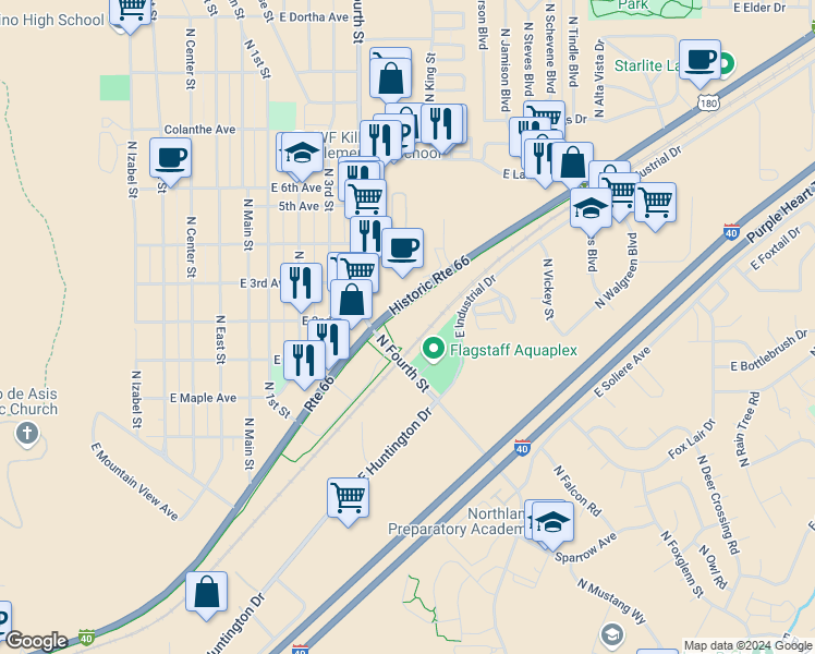 map of restaurants, bars, coffee shops, grocery stores, and more near 2610 Historic Route 66 in Flagstaff