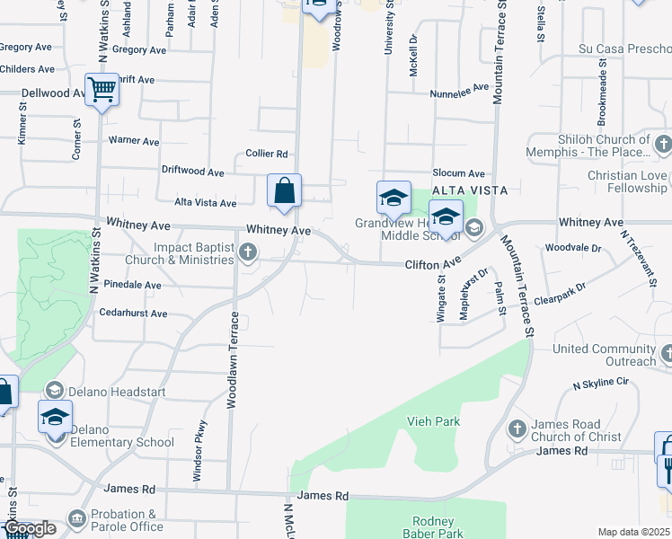 map of restaurants, bars, coffee shops, grocery stores, and more near 2141 Clifton Avenue in Memphis