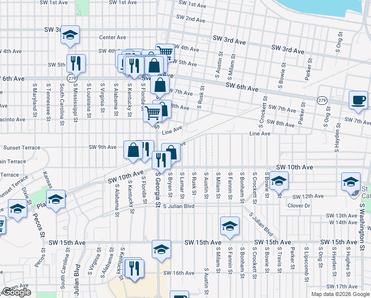 map of restaurants, bars, coffee shops, grocery stores, and more near 910 South Rusk Street in Amarillo