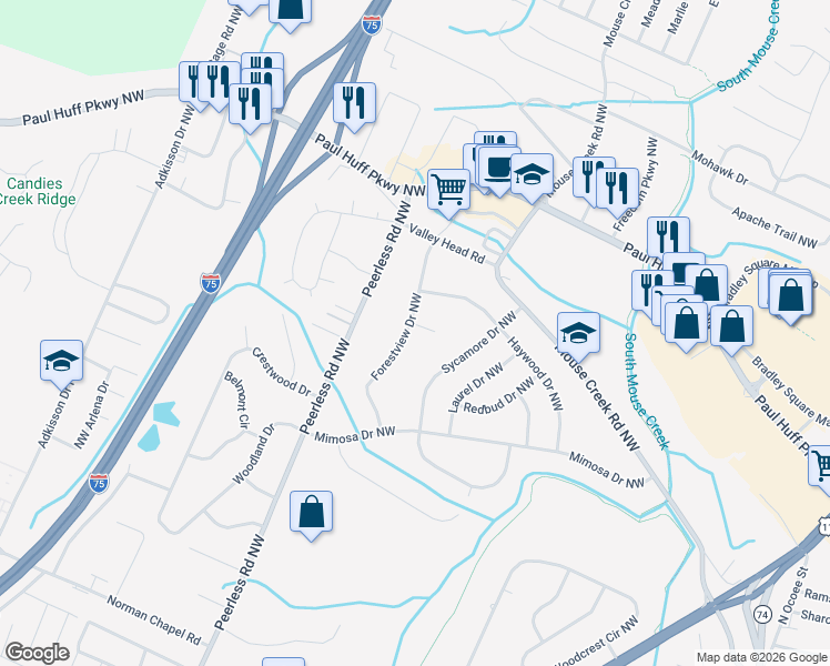 map of restaurants, bars, coffee shops, grocery stores, and more near 4020 Forestview Drive Northwest in Cleveland