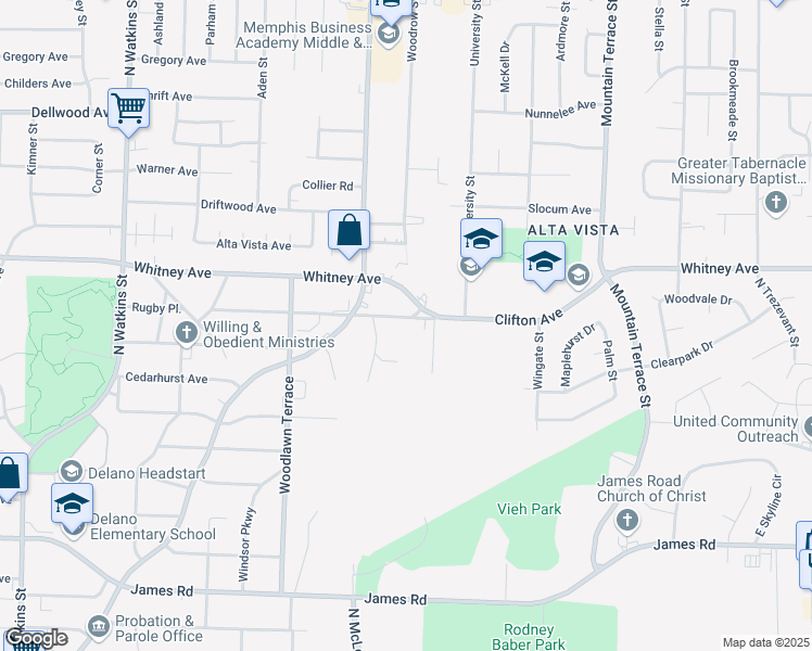 map of restaurants, bars, coffee shops, grocery stores, and more near 2141 Clifton Avenue in Memphis