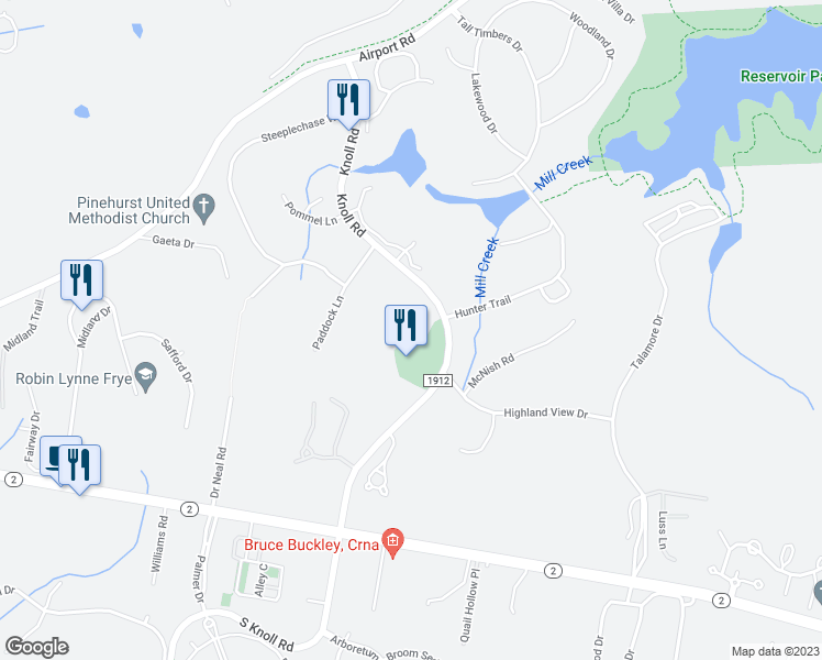 map of restaurants, bars, coffee shops, grocery stores, and more near 52 Knoll Road in Southern Pines