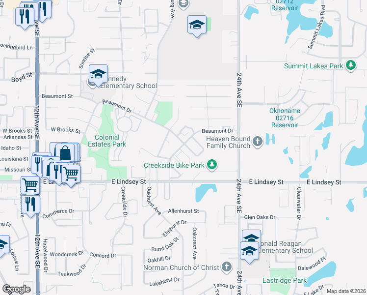 map of restaurants, bars, coffee shops, grocery stores, and more near 908 Brandywine Lane in Norman