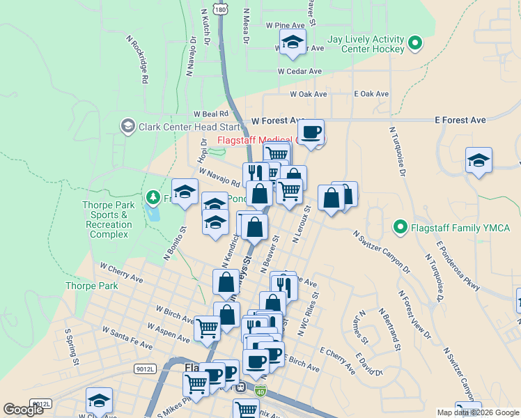 map of restaurants, bars, coffee shops, grocery stores, and more near 817 North Humphreys Street in Flagstaff