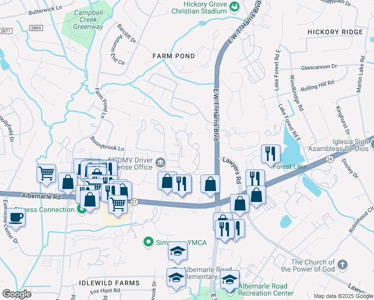 map of restaurants, bars, coffee shops, grocery stores, and more near 6911 Winding Cedar Trail in Charlotte
