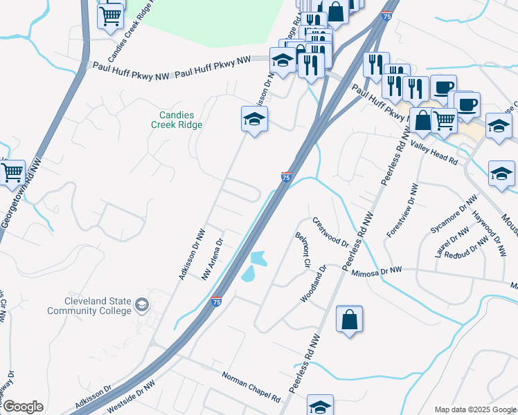 map of restaurants, bars, coffee shops, grocery stores, and more near 1305 Village Oaks Circle Northwest in Cleveland