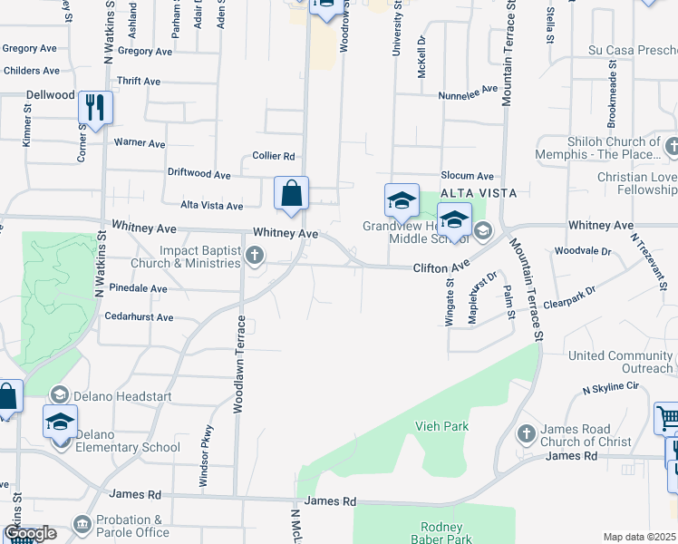 map of restaurants, bars, coffee shops, grocery stores, and more near 2141 Clifton Avenue in Memphis