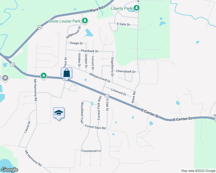 map of restaurants, bars, coffee shops, grocery stores, and more near 1707 Whippoorwill Drive in Greenwood