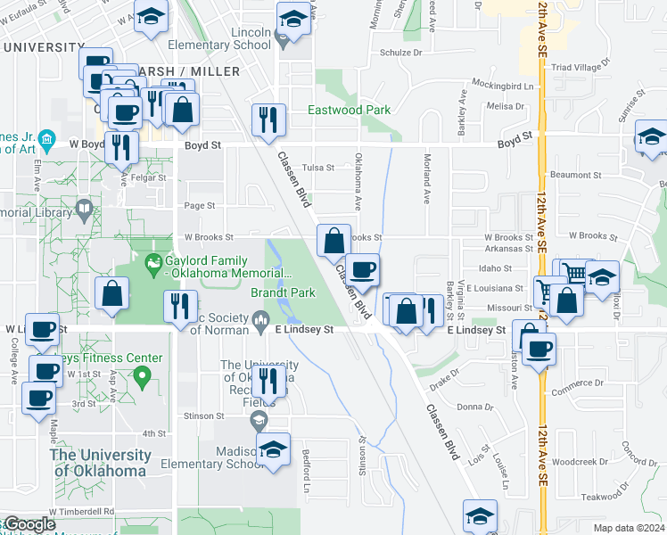 map of restaurants, bars, coffee shops, grocery stores, and more near 1718 Classen Boulevard in Norman