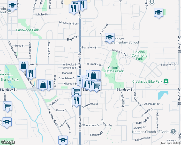 map of restaurants, bars, coffee shops, grocery stores, and more near 1014 Raleigh Circle in Norman