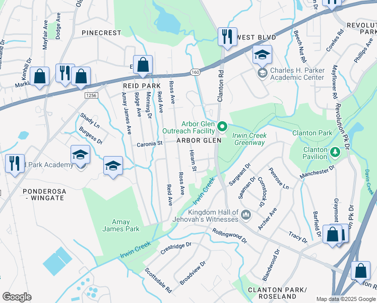 map of restaurants, bars, coffee shops, grocery stores, and more near 3122 Hiram Street in Charlotte
