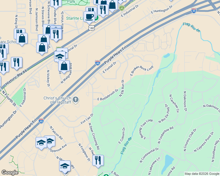 map of restaurants, bars, coffee shops, grocery stores, and more near 2468 North Strawberry Way in Flagstaff