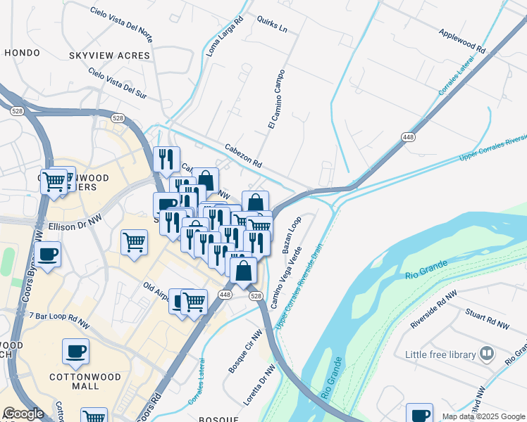 map of restaurants, bars, coffee shops, grocery stores, and more near 3305 Calle Cuervo Northwest in Albuquerque