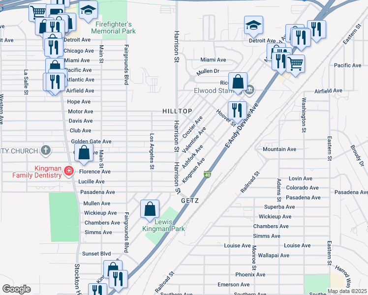 map of restaurants, bars, coffee shops, grocery stores, and more near 2401 Valentine Avenue in Kingman