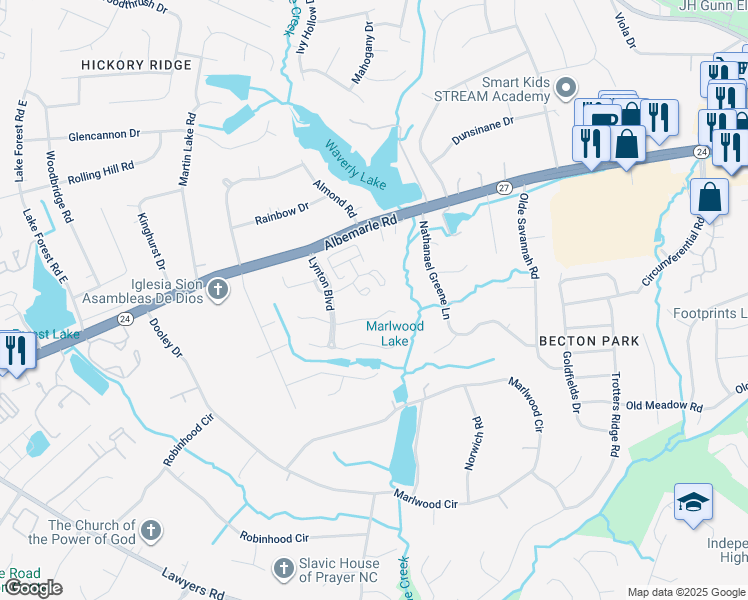 map of restaurants, bars, coffee shops, grocery stores, and more near 8024 Tremaine Court in Charlotte
