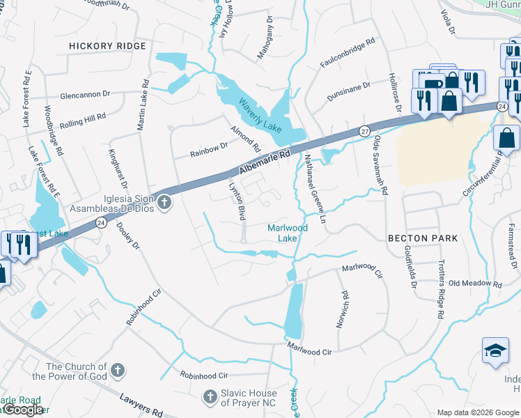 map of restaurants, bars, coffee shops, grocery stores, and more near in Charlotte