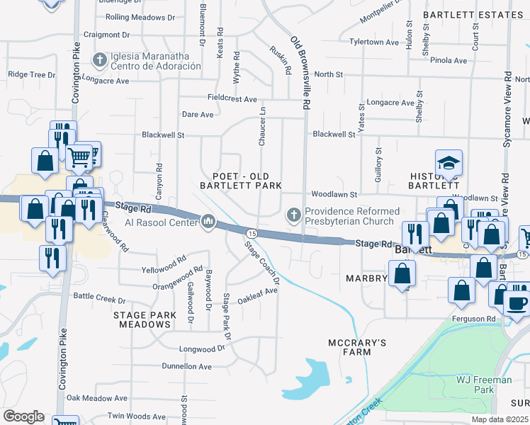 map of restaurants, bars, coffee shops, grocery stores, and more near 2945 Ruskin Road in Bartlett