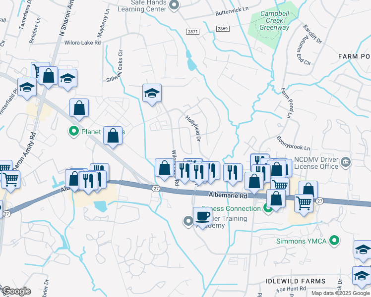 map of restaurants, bars, coffee shops, grocery stores, and more near 6311 Tiara Lane in Charlotte