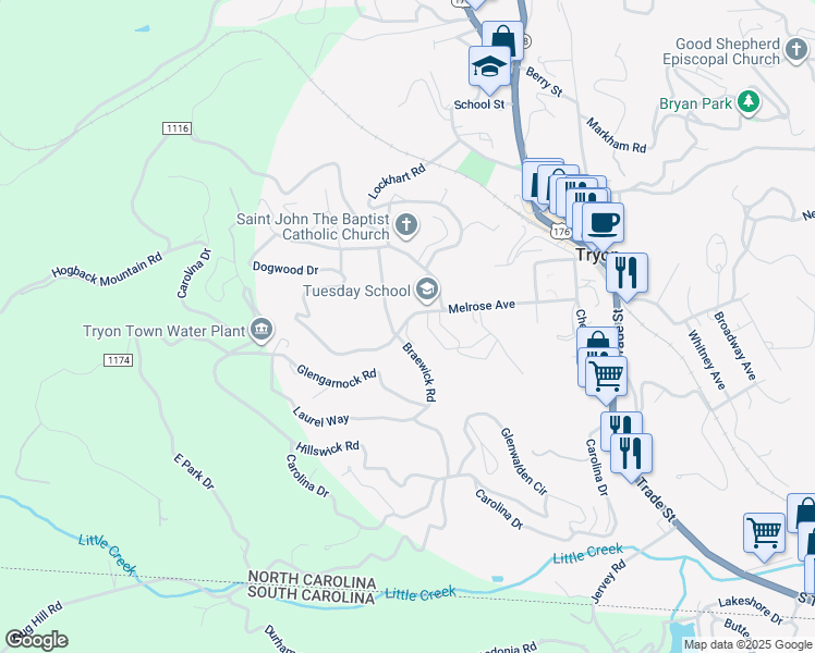 map of restaurants, bars, coffee shops, grocery stores, and more near 335 Melrose Avenue in Tryon