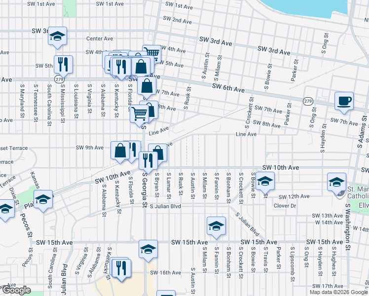 map of restaurants, bars, coffee shops, grocery stores, and more near 913 South Rusk Street in Amarillo