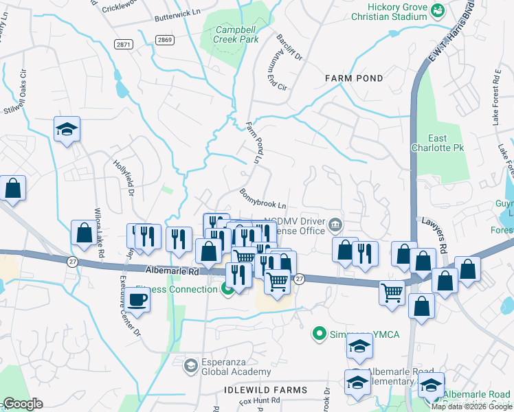 map of restaurants, bars, coffee shops, grocery stores, and more near 6254 Bonnybrook Lane in Charlotte