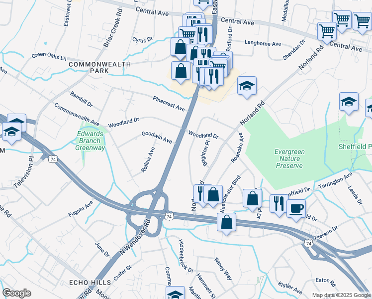 map of restaurants, bars, coffee shops, grocery stores, and more near 1126 Dresden Drive West in Charlotte