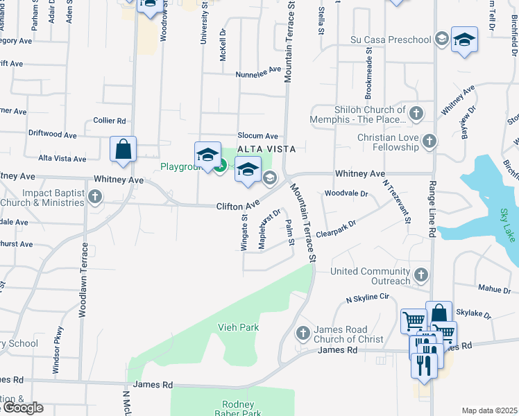map of restaurants, bars, coffee shops, grocery stores, and more near 2319 Clifton Avenue in Memphis