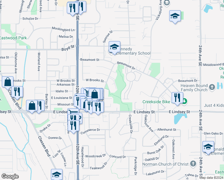 map of restaurants, bars, coffee shops, grocery stores, and more near 943 Biloxi Drive in Norman