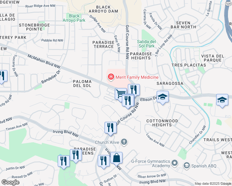map of restaurants, bars, coffee shops, grocery stores, and more near 4824 McMahon Boulevard Northwest in Albuquerque