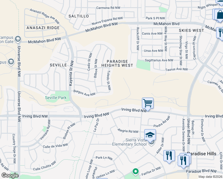 map of restaurants, bars, coffee shops, grocery stores, and more near 10408 Toledo Street Northwest in Albuquerque
