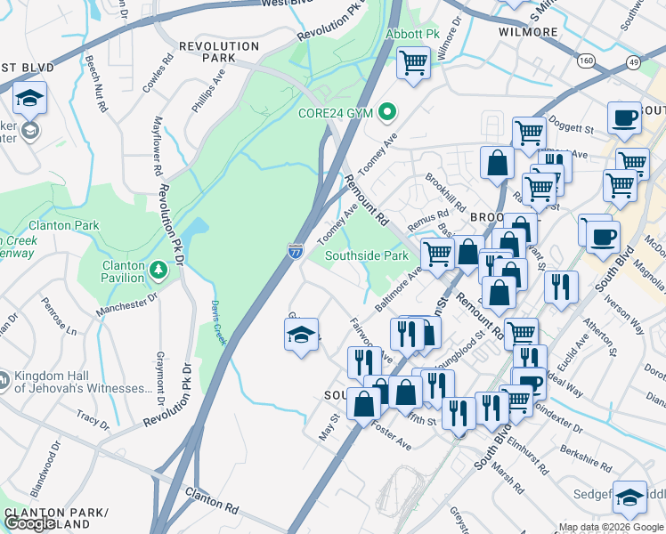 map of restaurants, bars, coffee shops, grocery stores, and more near 638 Chicago Avenue in Charlotte