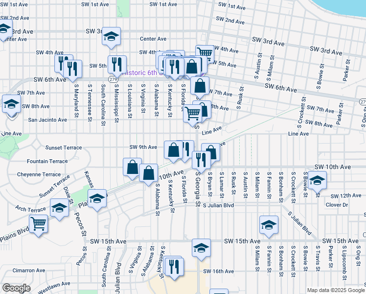 map of restaurants, bars, coffee shops, grocery stores, and more near 2800 Southwest 9th Avenue in Amarillo