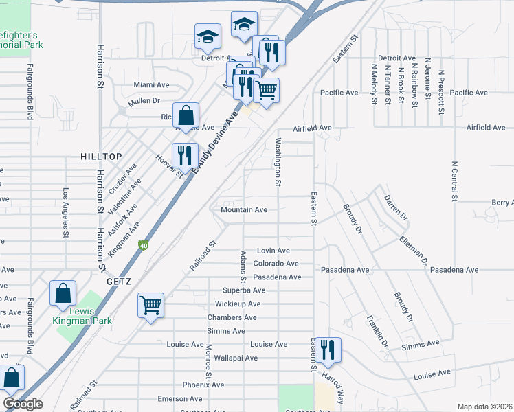 map of restaurants, bars, coffee shops, grocery stores, and more near 2719 Mountain Ave in Kingman
