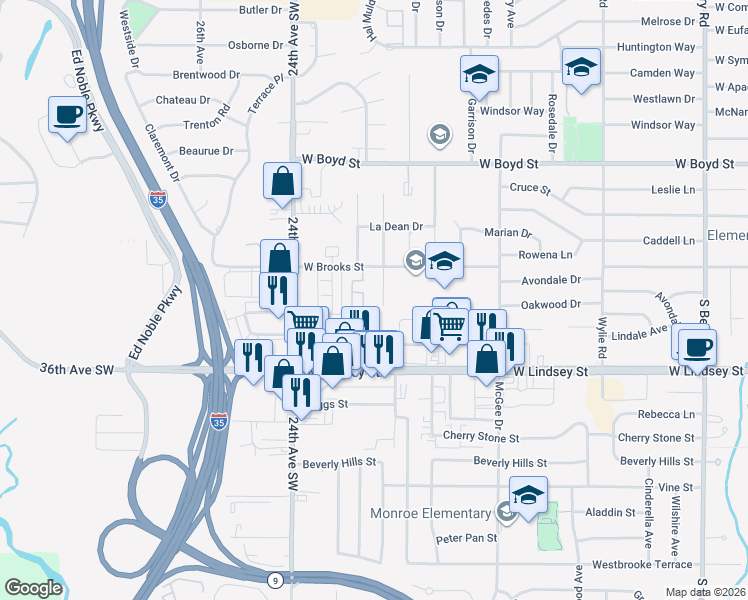 map of restaurants, bars, coffee shops, grocery stores, and more near 928 Jona Kay Terrace in Norman