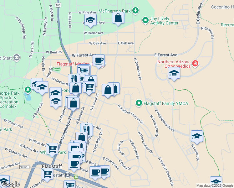 map of restaurants, bars, coffee shops, grocery stores, and more near 1024 North San Francisco Street in Flagstaff