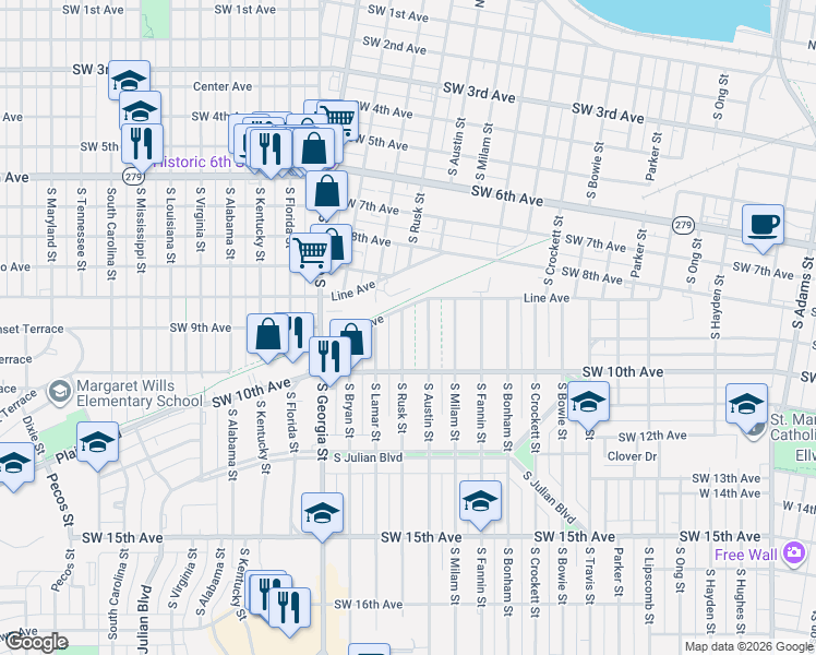 map of restaurants, bars, coffee shops, grocery stores, and more near 910 South Rusk Street in Amarillo