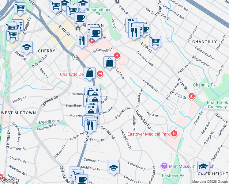 map of restaurants, bars, coffee shops, grocery stores, and more near 2100 Crescent Avenue in Charlotte