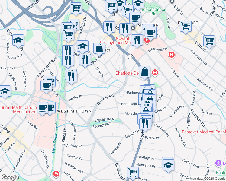 map of restaurants, bars, coffee shops, grocery stores, and more near in Charlotte