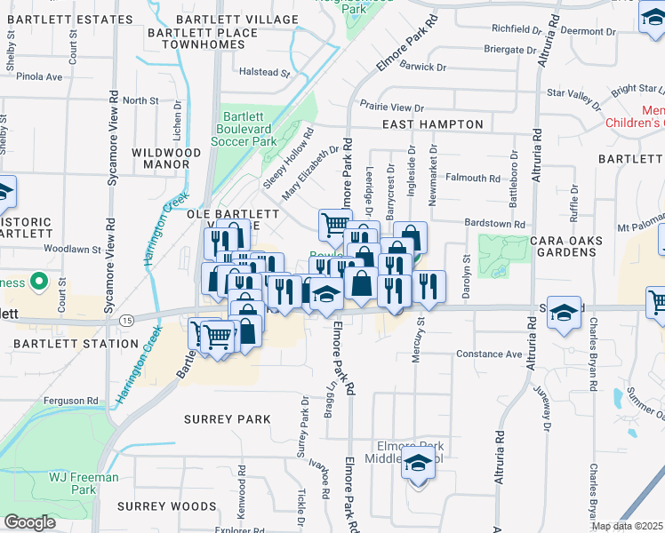 map of restaurants, bars, coffee shops, grocery stores, and more near 2959 Elmore Park Road in Bartlett