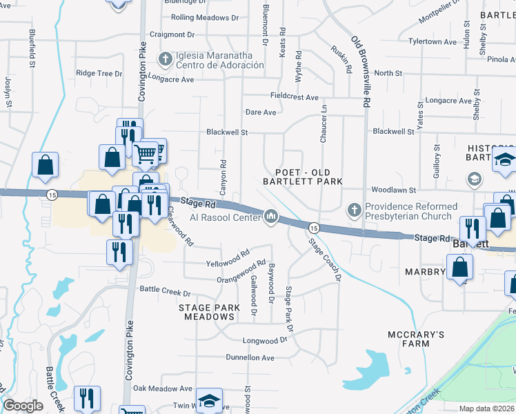 map of restaurants, bars, coffee shops, grocery stores, and more near 5266 Stage Road in Bartlett