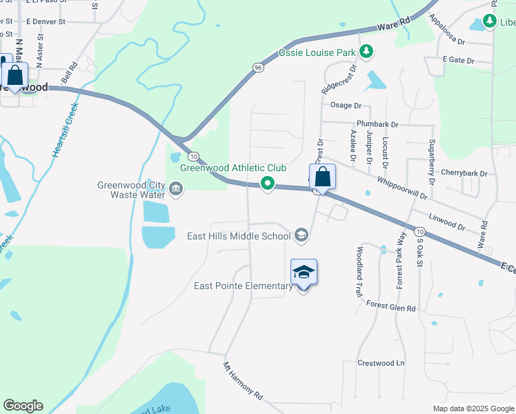 map of restaurants, bars, coffee shops, grocery stores, and more near 1201 Arkansas 10 in Greenwood
