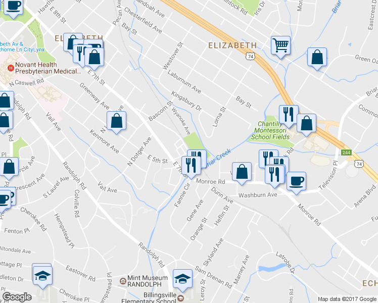 map of restaurants, bars, coffee shops, grocery stores, and more near Weddington Ave & Firefighter Pl in Charlotte