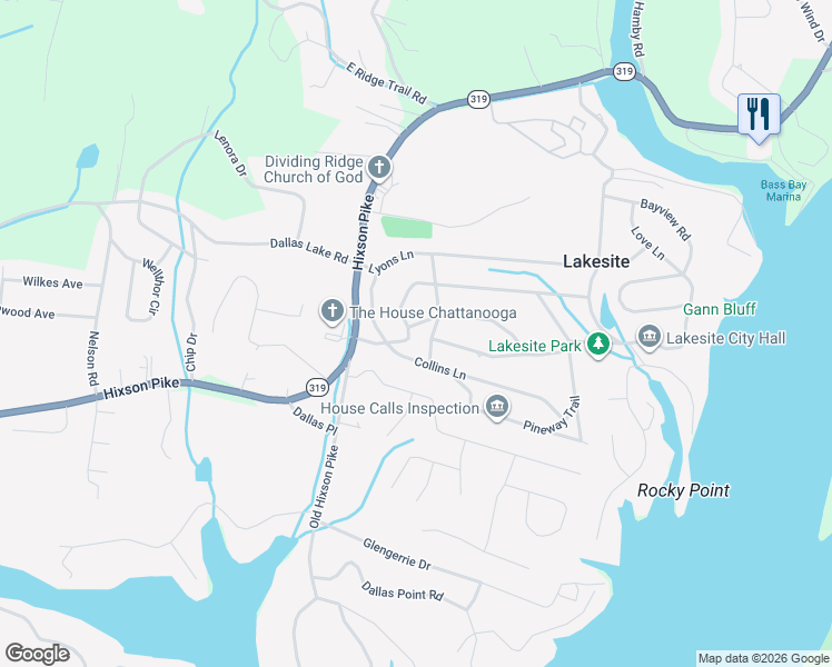 map of restaurants, bars, coffee shops, grocery stores, and more near 2214 Lakesite Drive in Soddy-Daisy