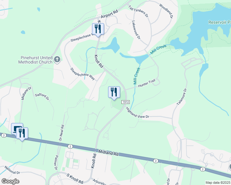 map of restaurants, bars, coffee shops, grocery stores, and more near 46 Knoll Road in Southern Pines