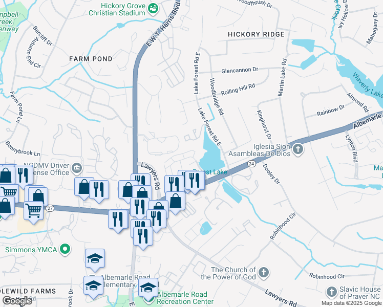 map of restaurants, bars, coffee shops, grocery stores, and more near 7259 Point Lake Drive in Charlotte