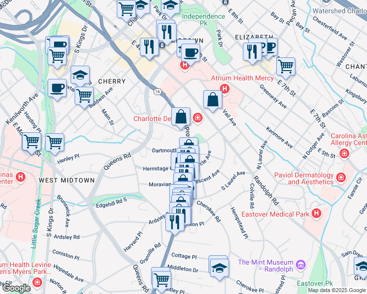 map of restaurants, bars, coffee shops, grocery stores, and more near 2131 Dartmouth Place in Charlotte