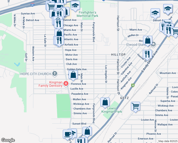 map of restaurants, bars, coffee shops, grocery stores, and more near 2028 Golden Gate Avenue in Kingman