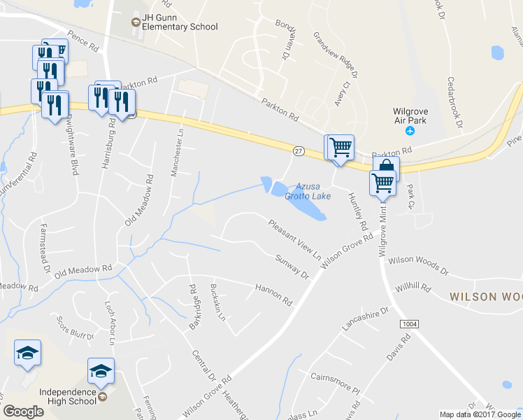 map of restaurants, bars, coffee shops, grocery stores, and more near 9701 Pleasant View Lane in Mint Hill